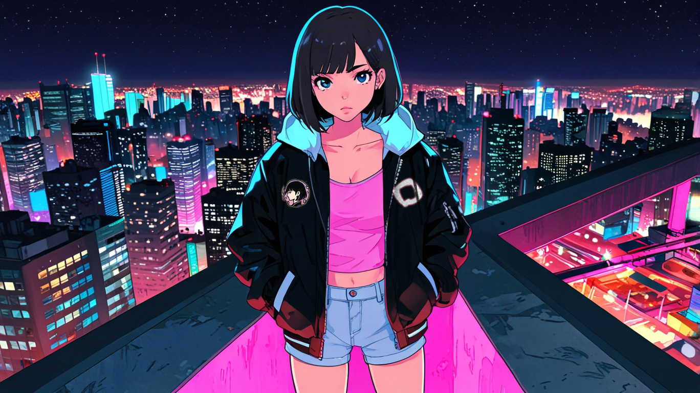 Character standing on rooftop overlooking the city